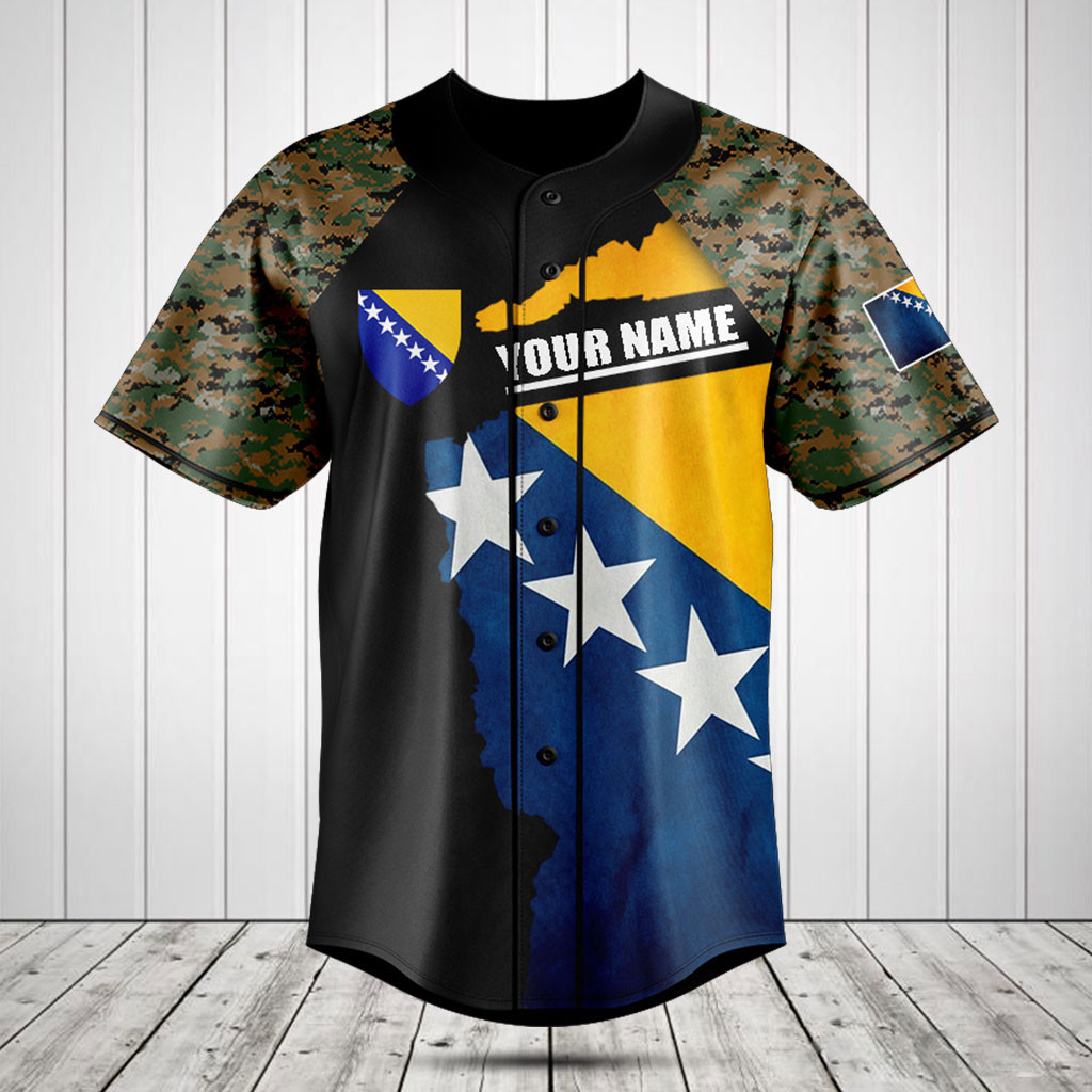 Customize Bosnia Coat Of Arms Camouflage Baseball Jersey Shirt
