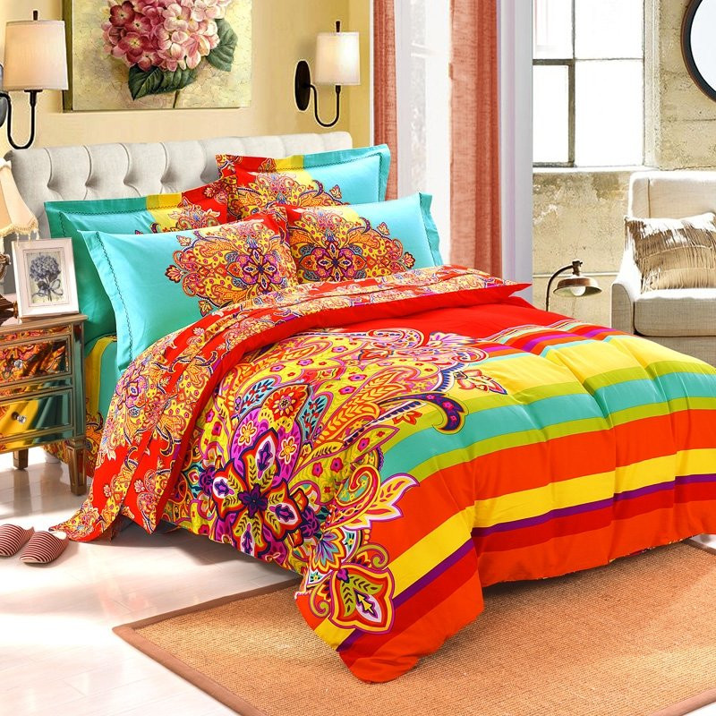 Red Yellow And Light Turquoise Colorful Exotic Bohemian Style Western Paisley Unique CLA1210390B Bedding Sets