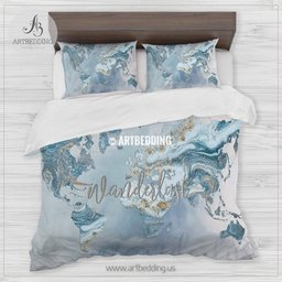 Wanderlust Blue And Gold Marble Summer Vibes World Map CL25100585MDB Bedding Sets