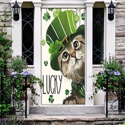 St Patricks Day Lucky Cat And Shamrock Clover Door Cover, Patricks Day Home Door, Patrick Day Home Decor