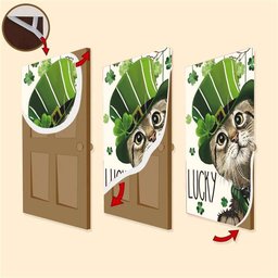 St Patricks Day Lucky Cat And Shamrock Clover Door Cover, Patricks Day Home Door, Patrick Day Home Decor