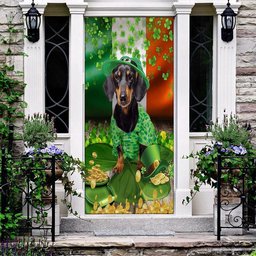 Dachshund With Gold And Clovers Around Patricks Day Home Door, Patricks Day Home Door, Patrick Day Home Decor