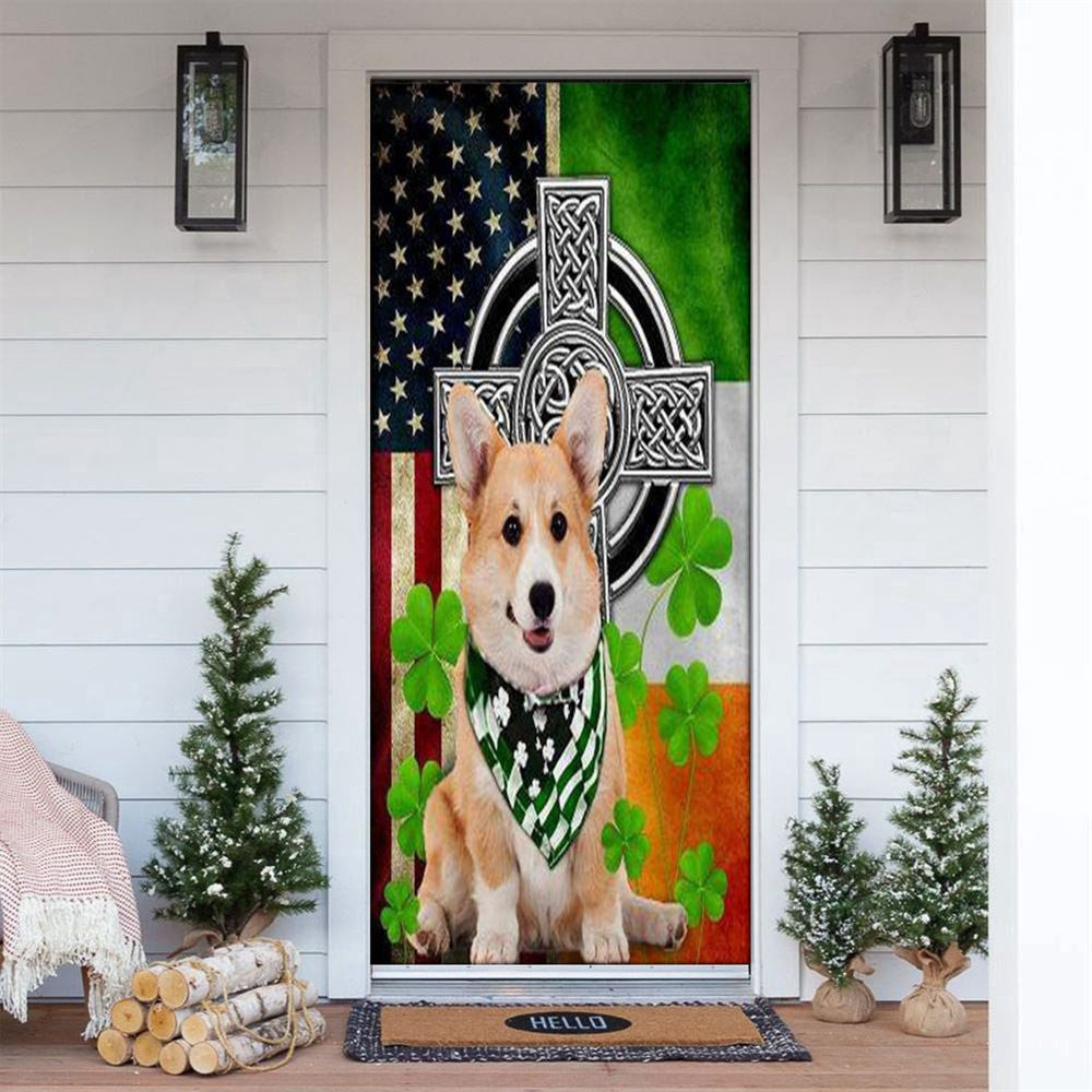 St Patrick'S Day Corgi Irish Cross Door Cover, Patricks Day Home Door, Patrick Day Home Decor