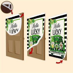 Hello Lucky Door Cover, Gift For Gnome Lovers, Patricks Day Home Door, Patrick Day Home Decor