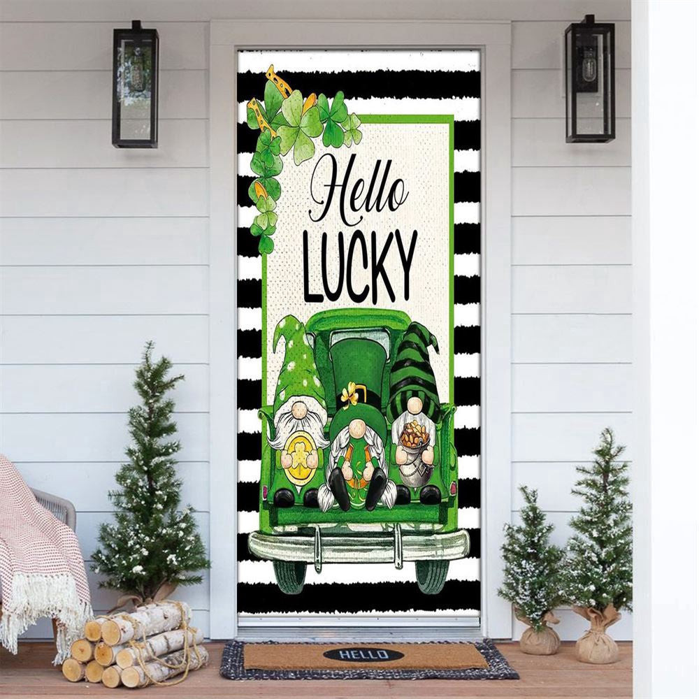 Hello Lucky Door Cover, Gift For Gnome Lovers, Patricks Day Home Door, Patrick Day Home Decor