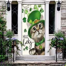 St Patricks Day Hello Lucky Kitten Cat And Shamrock Clover Door Cover, Patricks Day Home Door, Patrick Day Home Decor