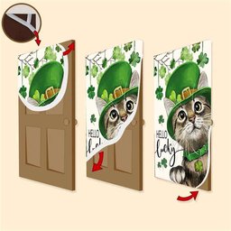 St Patricks Day Hello Lucky Kitten Cat And Shamrock Clover Door Cover, Patricks Day Home Door, Patrick Day Home Decor