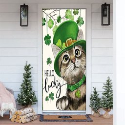 St Patricks Day Hello Lucky Kitten Cat And Shamrock Clover Door Cover, Patricks Day Home Door, Patrick Day Home Decor