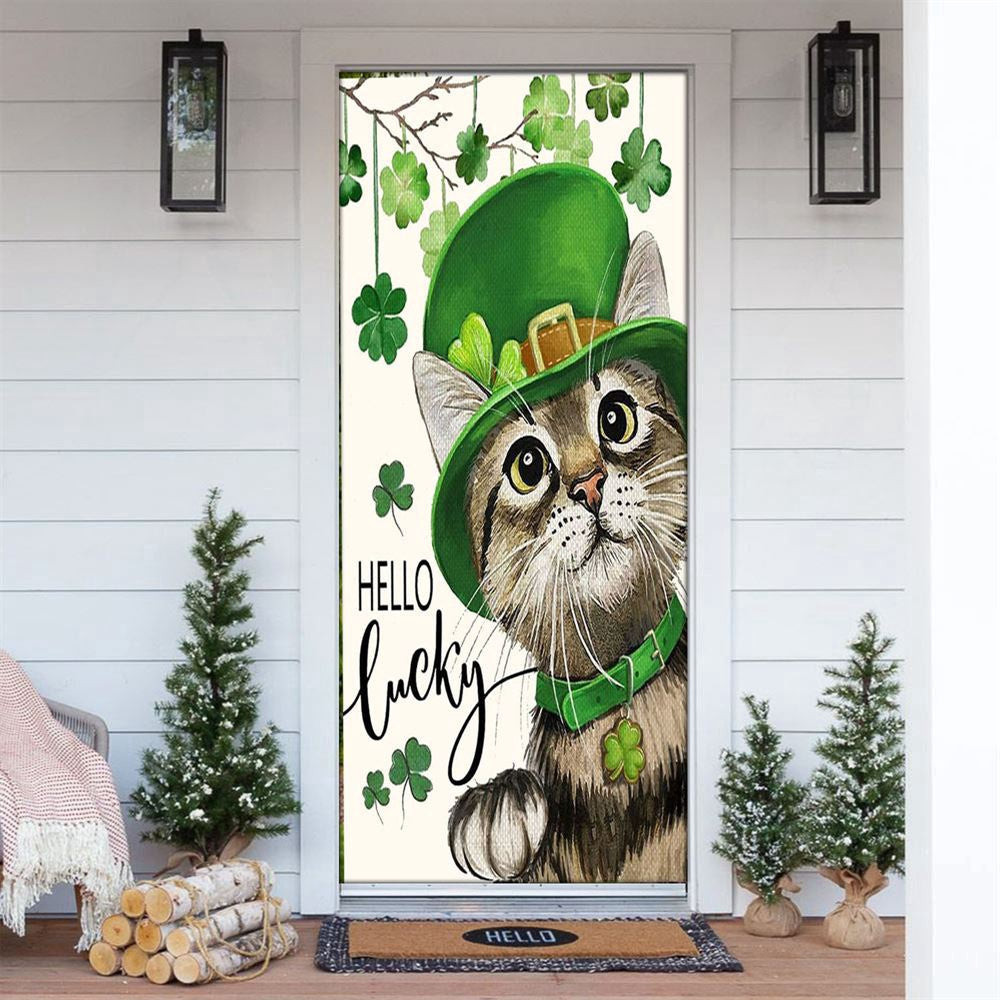 St Patricks Day Hello Lucky Kitten Cat And Shamrock Clover Door Cover, Patricks Day Home Door, Patrick Day Home Decor