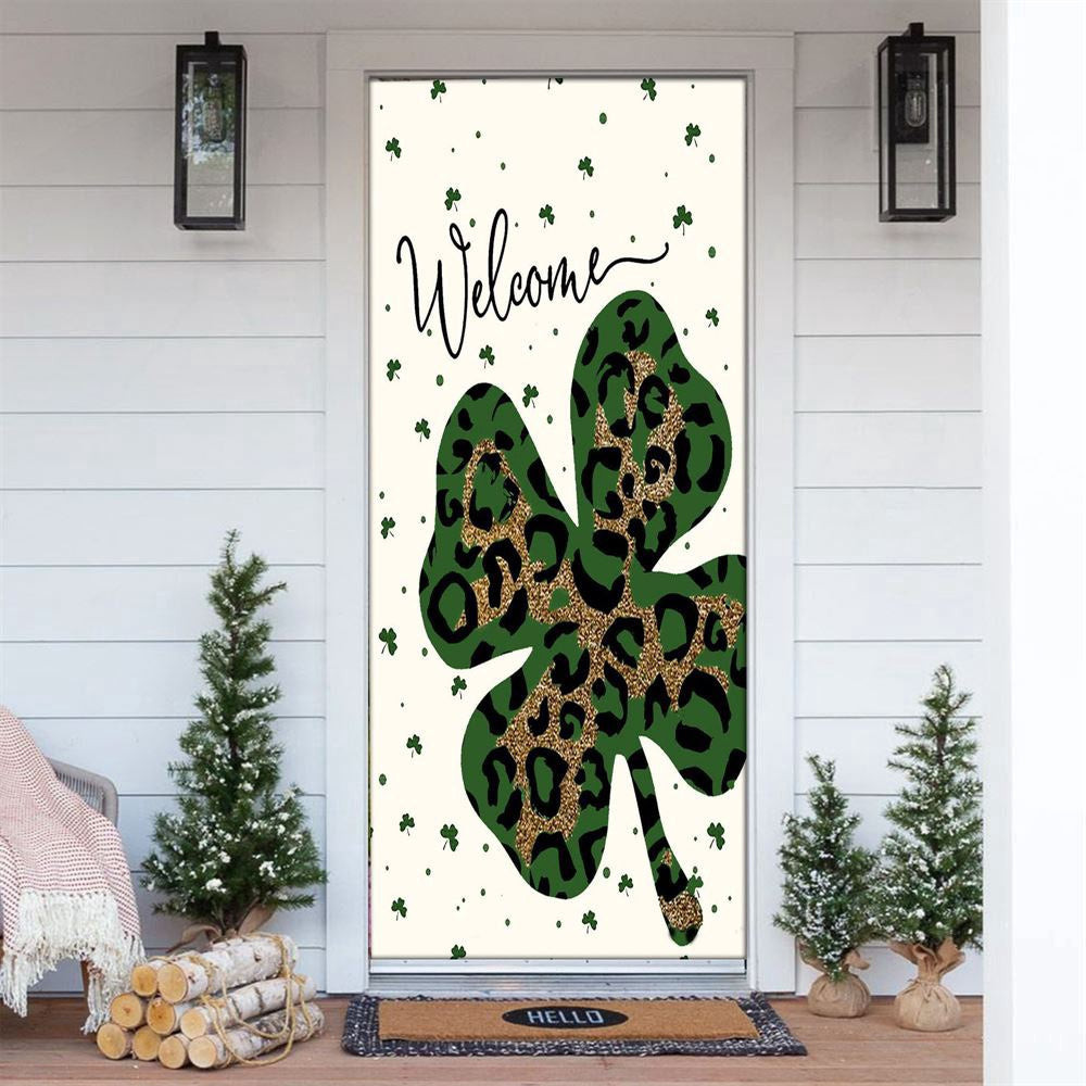 Welcome St Patrick's Day Leopard Shamrock Clover Door Cover, Patricks Day Home Door, Patrick Day Home Decor