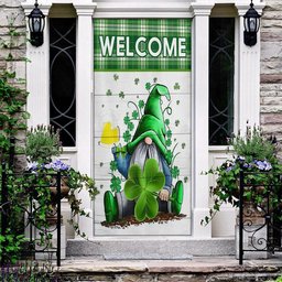 Welcome Gnome Holds Clover Door Cover, Patricks Day Home Door, Patrick Day Home Decor