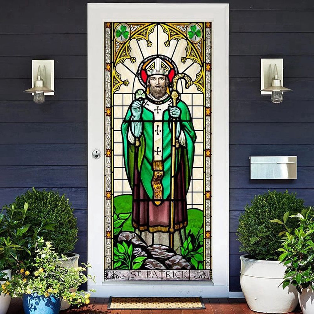 Patron Saint Of Ireland Stained Glass Door Cover St Patrick's Day Christianity, Christmas Gift Decor