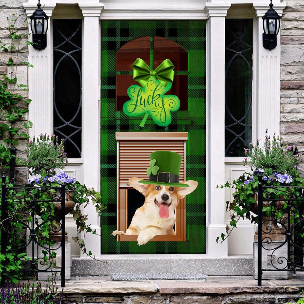 Ample Luck A Corgi's Green St. Patrick's Shamrock Door Cover, Christmas Gift Decor