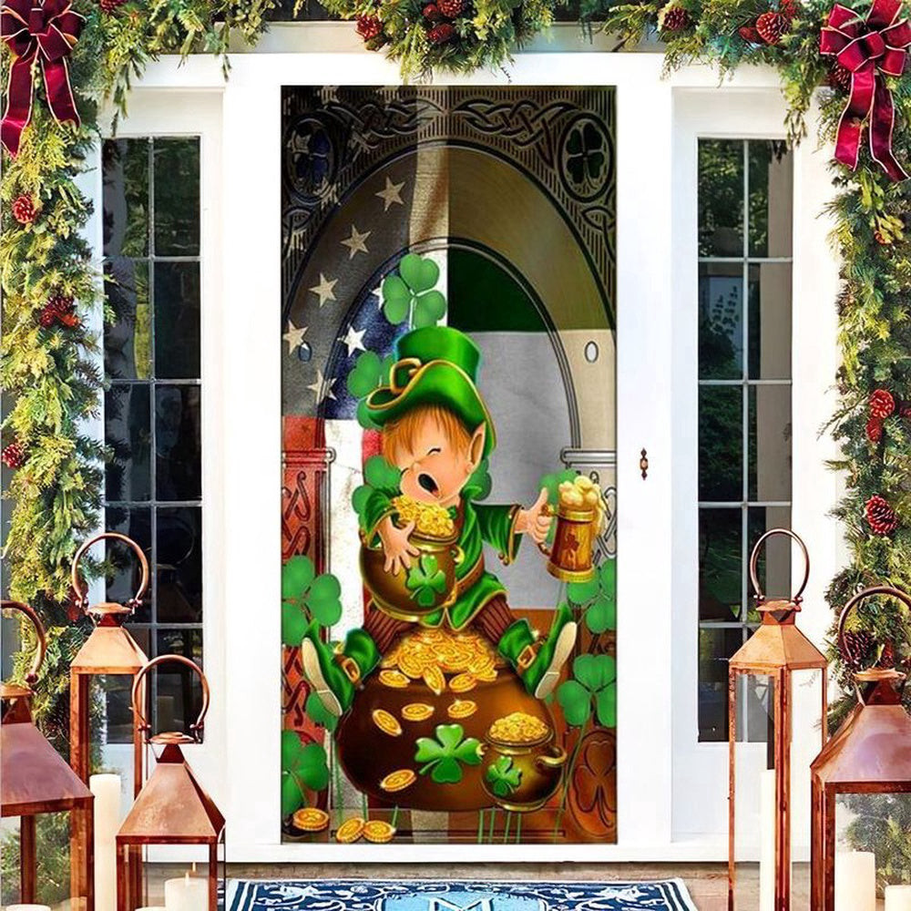 Cute Leprechaun Happy St Patrick Day Door Cover American By Birth Irish By Choice, Christmas Gift Decor
