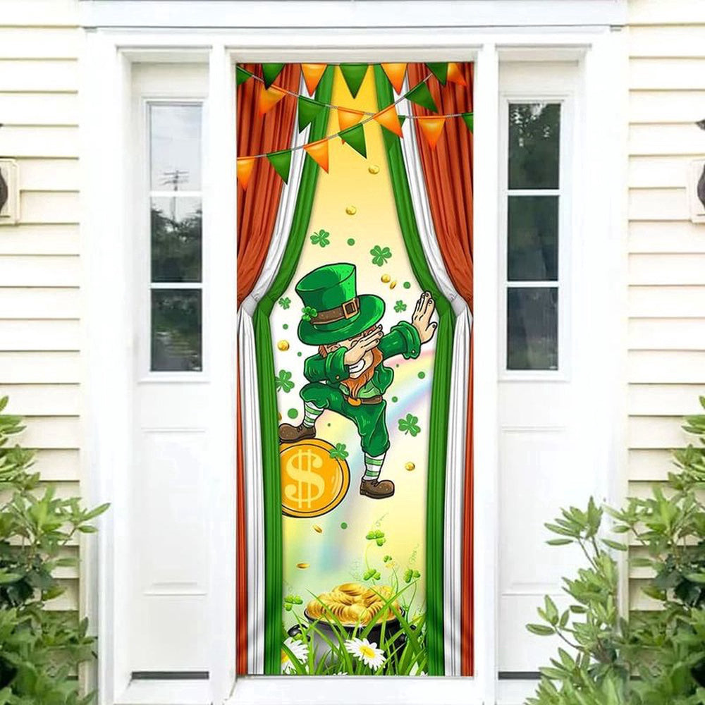 Happy St Patrick's Day Leprechaun Dabbing Door Cover Lucky Pot Of Coin, Christmas Gift Decor