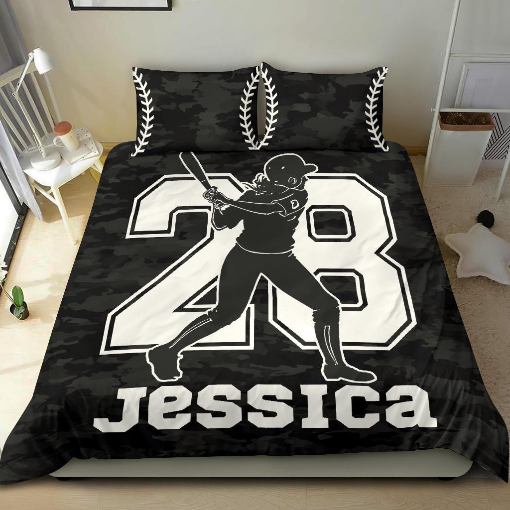 Personalized Softball Duvet Cover Set, Softball Girl Batter Black Camo Player Gifts Duvet Cover & Pillowcases, Custom Name Number Bedding Set