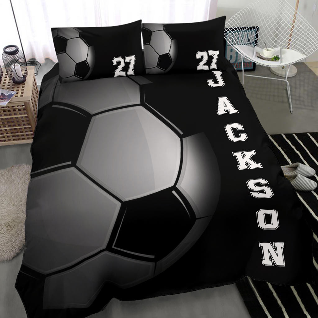 Personalized Soccer Duvet Cover Set, Soccer Ball 3D Printed Player Gift Black Duvet Cover & Pillowcases, Custom Name Number Bedding Set