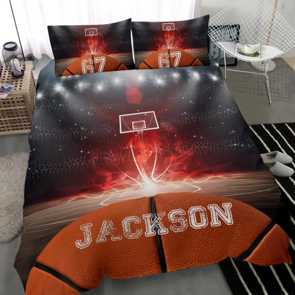 Personalized Basketball Duvet Cover Set, Basketball Ball Spirit Player Gift Idea Red Duvet Cover & Pillowcases, Custom Name Number Bedding Set