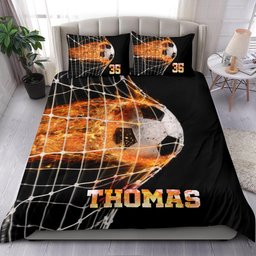 Personalized Soccer Duvet Cover Set, Fire Soccer Ball In Net Player Gift Black Duvet Cover & Pillowcases, Custom Name Number Bedding Set