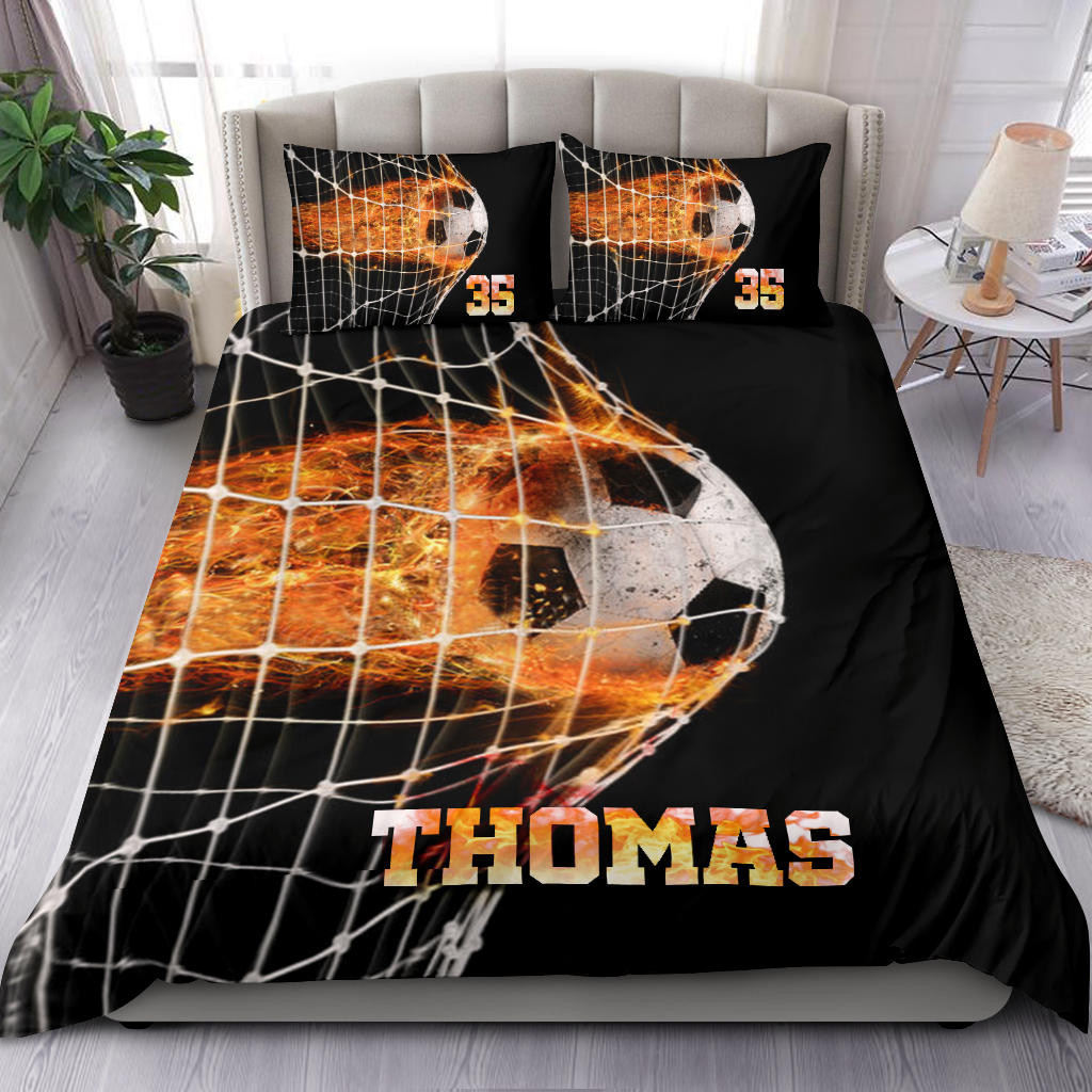 Personalized Soccer Duvet Cover Set, Fire Soccer Ball In Net Player Gift Black Duvet Cover & Pillowcases, Custom Name Number Bedding Set