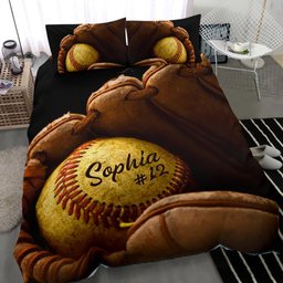 Personalized Softball Duvet Cover Set, Softball Glove Ball Player Gift Idea Vintage Duvet Cover & Pillowcases, Custom Name Number Bedding Set