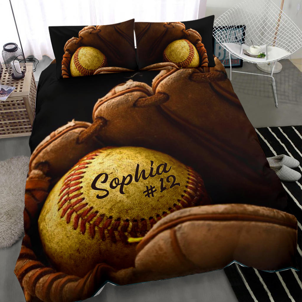 Personalized Softball Duvet Cover Set, Softball Glove Ball Player Gift Idea Vintage Duvet Cover & Pillowcases, Custom Name Number Bedding Set