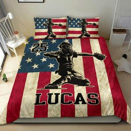Personalized Baseball Duvet Cover Set, Baseball Catcher America Us Flag Player Gift Duvet Cover & Pillowcases, Custom Name Number Bedding Set