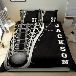 Personalized Lacrosse Duvet Cover Set, Lacrosse Stick Player Gift Idea Black Duvet Cover & Pillowcases, Custom Name Number Bedding Set