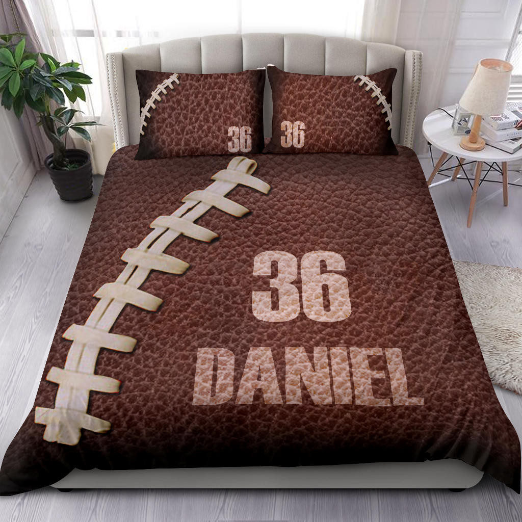 Personalized Football Duvet Cover Set, America Football Texture Player Gift Brown Duvet Cover & Pillowcases, Custom Name Number Bedding Set