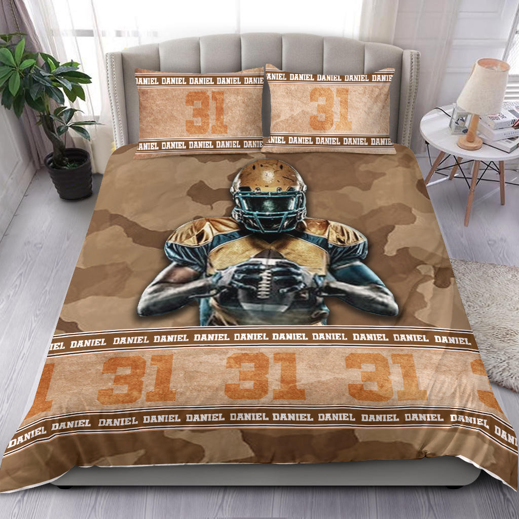 Personalized Football Duvet Cover Set, Football Boy Brown Camo Player Gift Idea Duvet Cover & Pillowcases, Custom Name Number Bedding Set