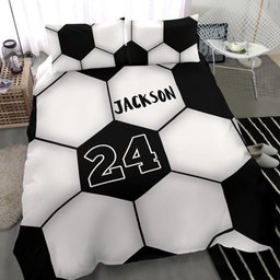 Personalized Soccer Duvet Cover Set, Soccer Ball Pattern Player Gift Black White Duvet Cover & Pillowcases, Custom Name Number Bedding Set