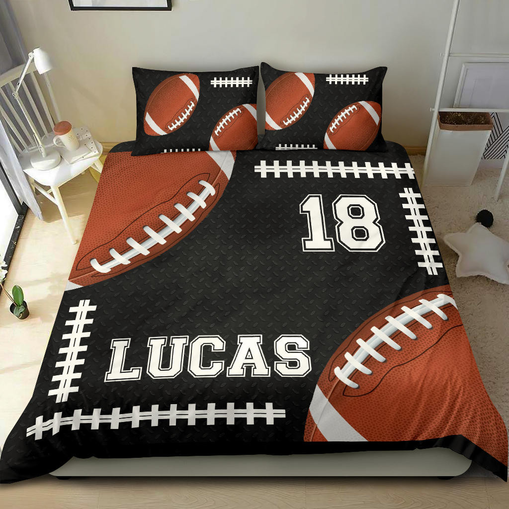 Personalized Football Duvet Cover Set, Football Ball Player Gift Unique Idea Black Duvet Cover & Pillowcases, Custom Name Number Bedding Set
