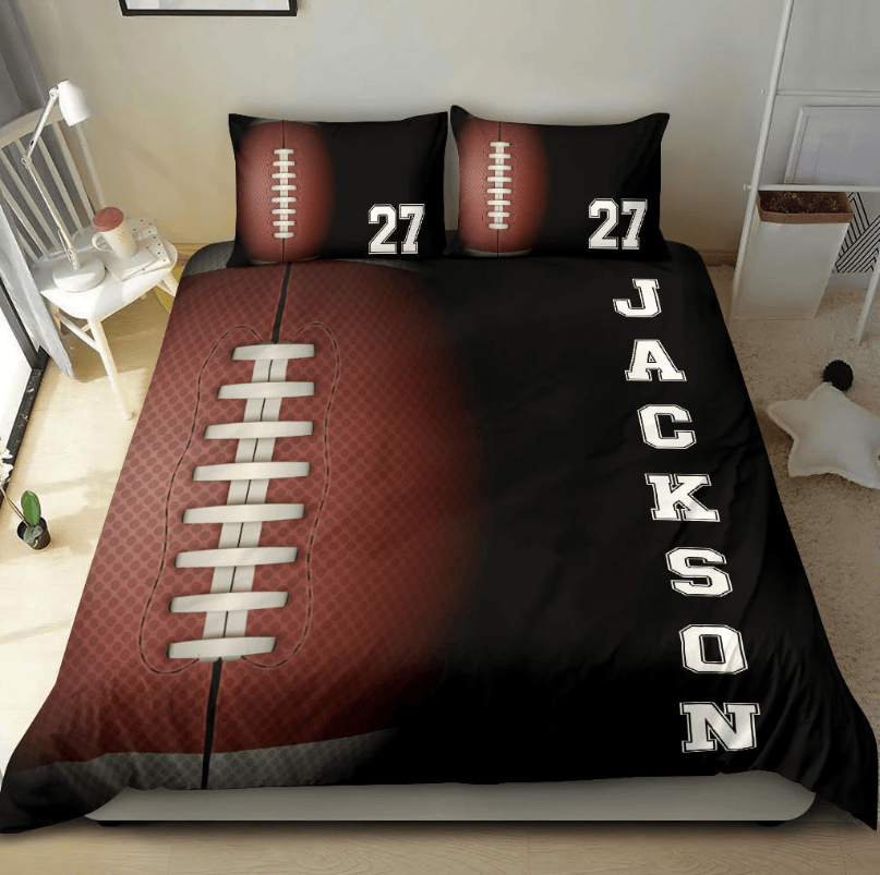 Personalized Football Duvet Cover Set, Football Ball Pattern Player Gift Idea Duvet Cover & Pillowcases, Custom Name Number Bedding Set