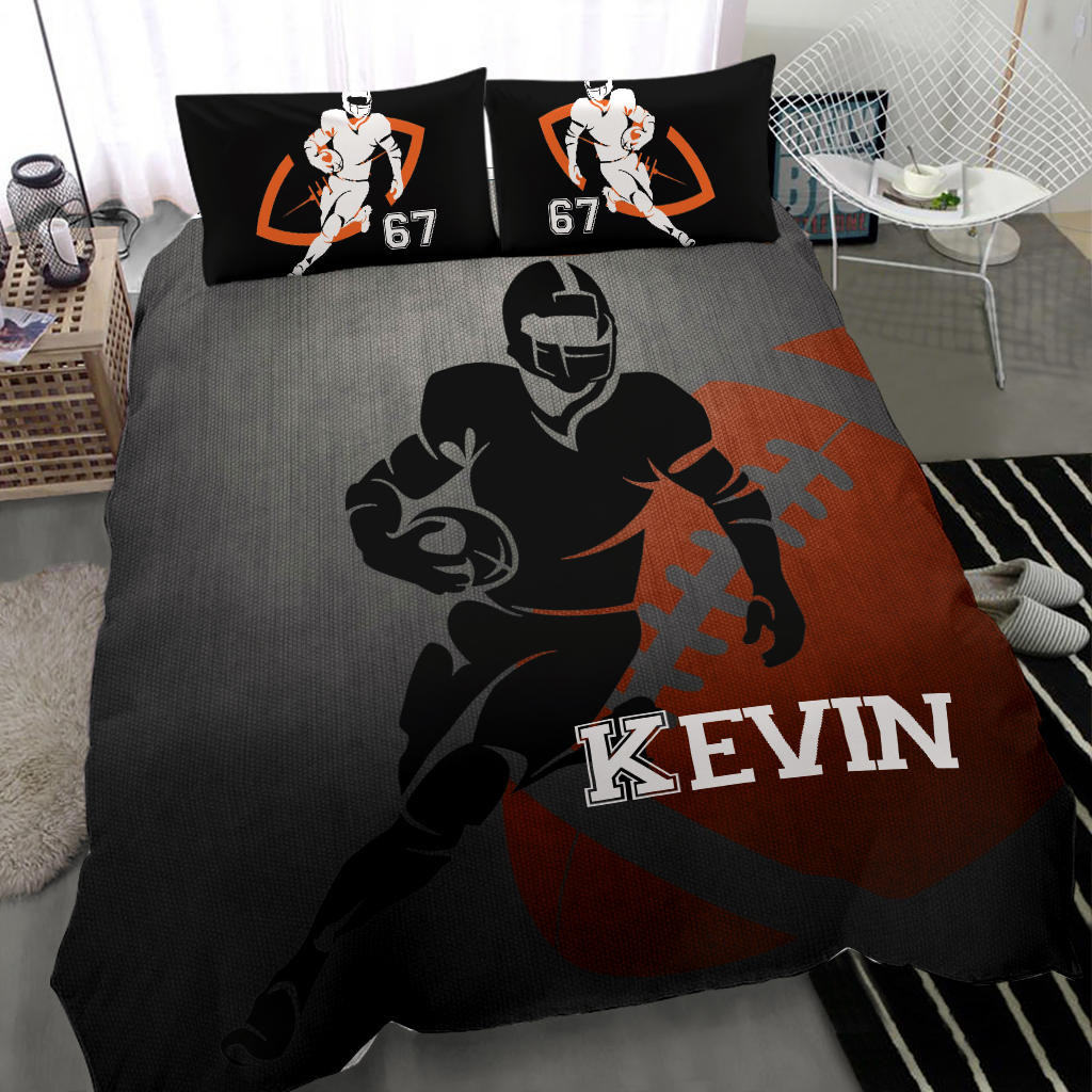 Personalized Football Duvet Cover Set, Football Boy Grey Player Gift Idea Black Duvet Cover & Pillowcases, Custom Name Number Bedding Set