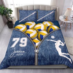 Personalized Volleyball Duvet Cover Set, Volleyball Girl Ball Zip Jean Blue Player Duvet Cover & Pillowcases, Custom Name Number Bedding Set