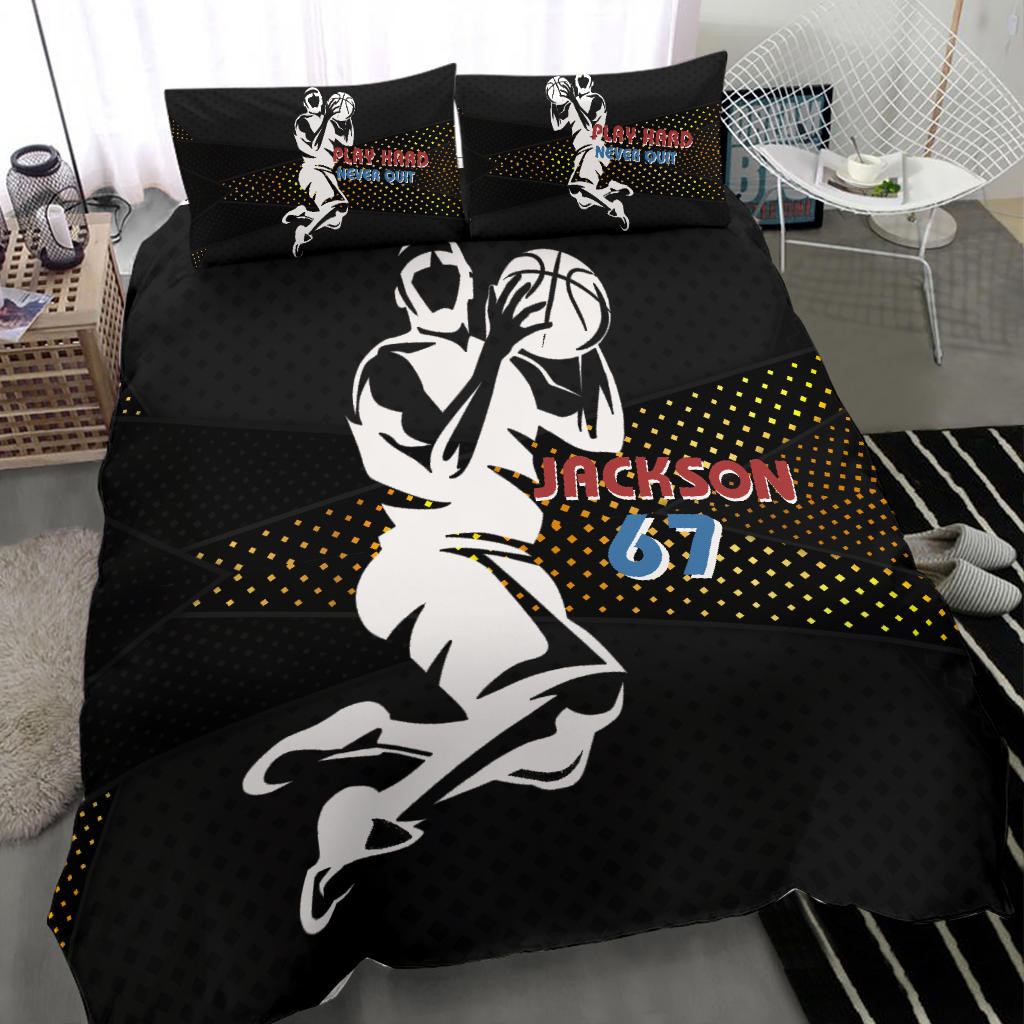 Personalized Basketball Duvet Cover Set, Basketball Play Hard Player Gift Idea Black Duvet Cover & Pillowcases, Custom Name Number Bedding Set