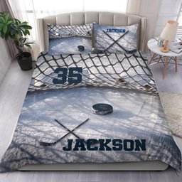 Personalized Hockey Duvet Cover Set, Ice Hockey 3D Printed Player Gift Idea Duvet Cover & Pillowcases, Custom Name Number Bedding Set
