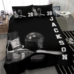 Personalized Hockey Duvet Cover Set, Hockey Stuff Player Gift Idea Black Duvet Cover & Pillowcases, Custom Name Number Bedding Set