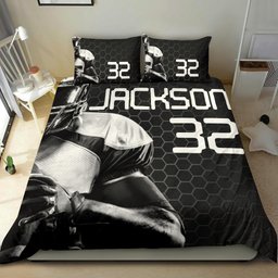 Personalized Football Duvet Cover Set, Football Boy Hexagon Player Gift Idea Black Duvet Cover & Pillowcases, Custom Name Number Bedding Set