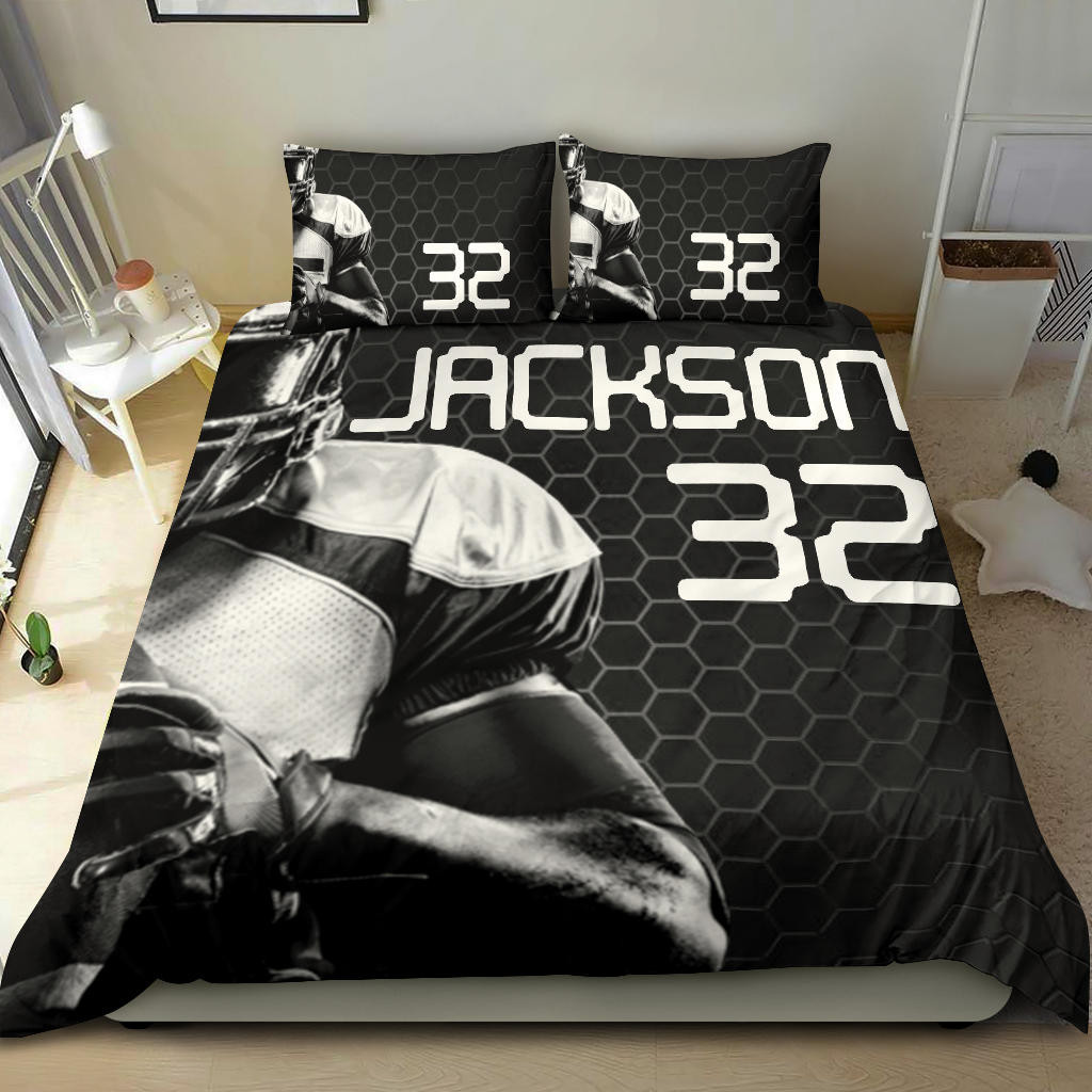 Personalized Football Duvet Cover Set, Football Boy Hexagon Player Gift Idea Black Duvet Cover & Pillowcases, Custom Name Number Bedding Set
