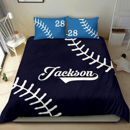 Personalized Baseball Duvet Cover Set, Baseball Ball Pattern Blue Player Gift Idea Duvet Cover & Pillowcases, Custom Name Number Bedding Set