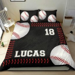 Personalized Baseball Duvet Cover Set, Baseball Ball Player Unique Gift Idea Black Duvet Cover & Pillowcases, Custom Name Number Bedding Set