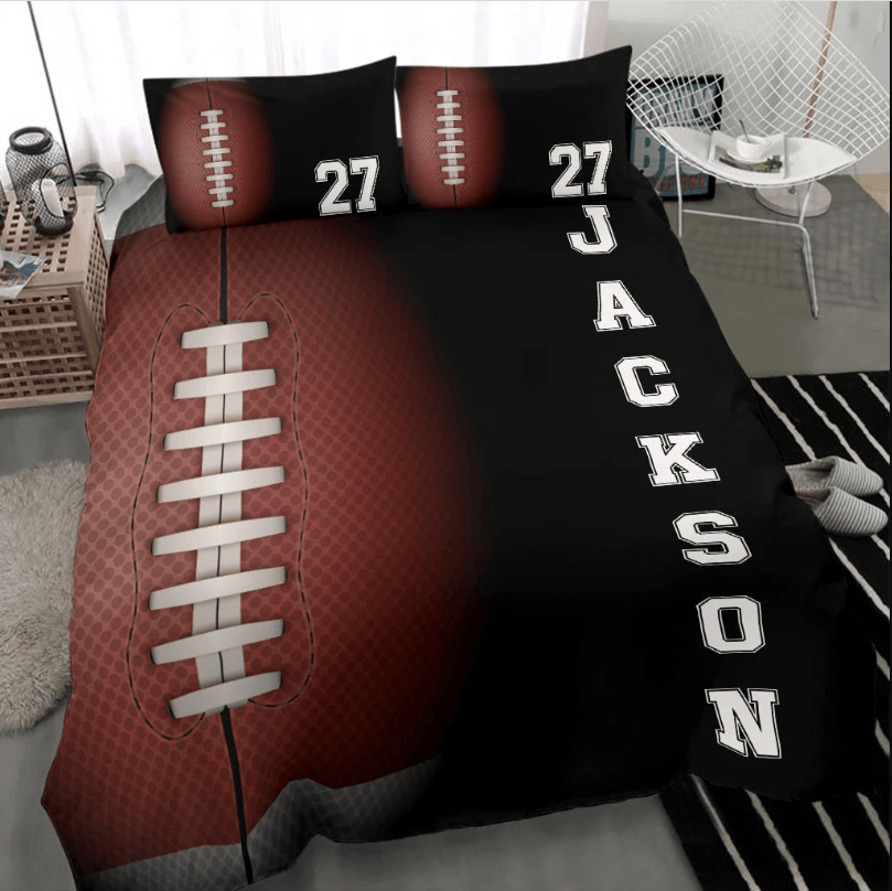 Personalized Football Duvet Cover Set, Football Ball 3D Player Unique Gift Black Duvet Cover & Pillowcases, Custom Name Number Bedding Set