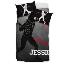 Personalized Softball Duvet Cover Set, Softball Batter Girl Grey Black Player Idea Duvet Cover & Pillowcases, Custom Name Number Bedding Set