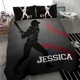 Personalized Softball Duvet Cover Set, Softball Batter Girl Grey Black Player Idea Duvet Cover & Pillowcases, Custom Name Number Bedding Set