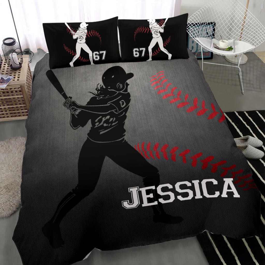 Personalized Softball Duvet Cover Set, Softball Batter Girl Grey Black Player Idea Duvet Cover & Pillowcases, Custom Name Number Bedding Set