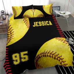 Personalized Softball Duvet Cover Set, Softball Ball 3D Player Gift Idea Black Duvet Cover & Pillowcases, Custom Name Number Bedding Set