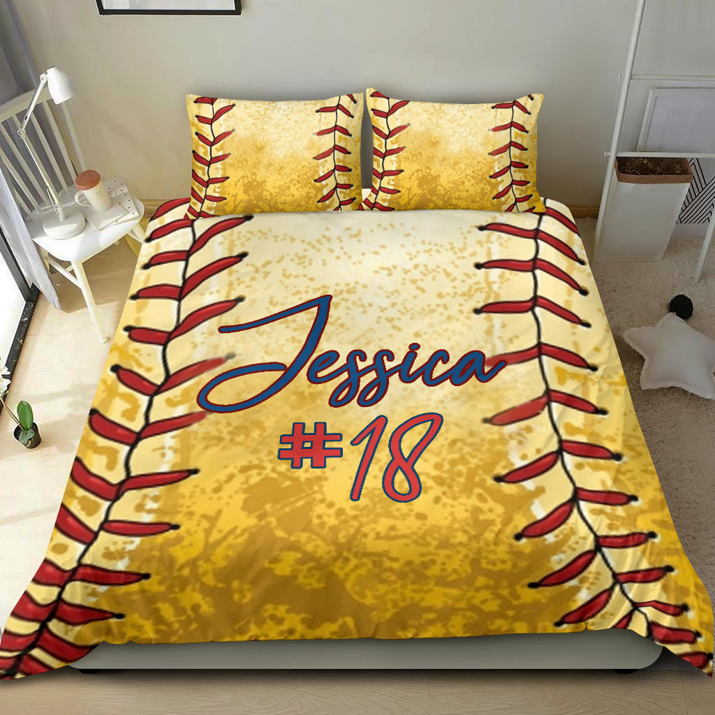 Personalized Softball Duvet Cover Set, Softball Pattern Player Gift Yellow Vintage Duvet Cover & Pillowcases, Custom Name Number Bedding Set