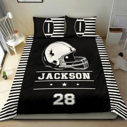 Personalized Football Duvet Cover Set, Football Helmet White Black Stripe Player Duvet Cover & Pillowcases, Custom Name Number Bedding Set