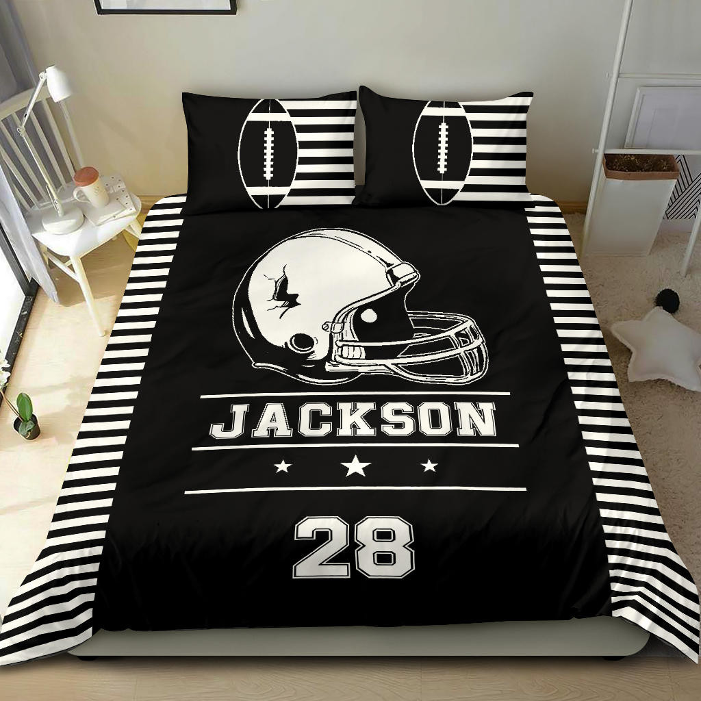 Personalized Football Duvet Cover Set, Football Helmet White Black Stripe Player Duvet Cover & Pillowcases, Custom Name Number Bedding Set